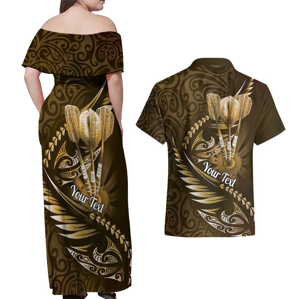 Personalised All Gold New Zealand Darts Couples Matching Off Shoulder Maxi Dress and Hawaiian Shirt Aoteroa Fern Maori Galaxy Style LT14 - Polynesian Pride