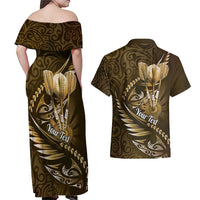 Personalised All Gold New Zealand Darts Couples Matching Off Shoulder Maxi Dress and Hawaiian Shirt Aoteroa Fern Maori Galaxy Style LT14 - Polynesian Pride