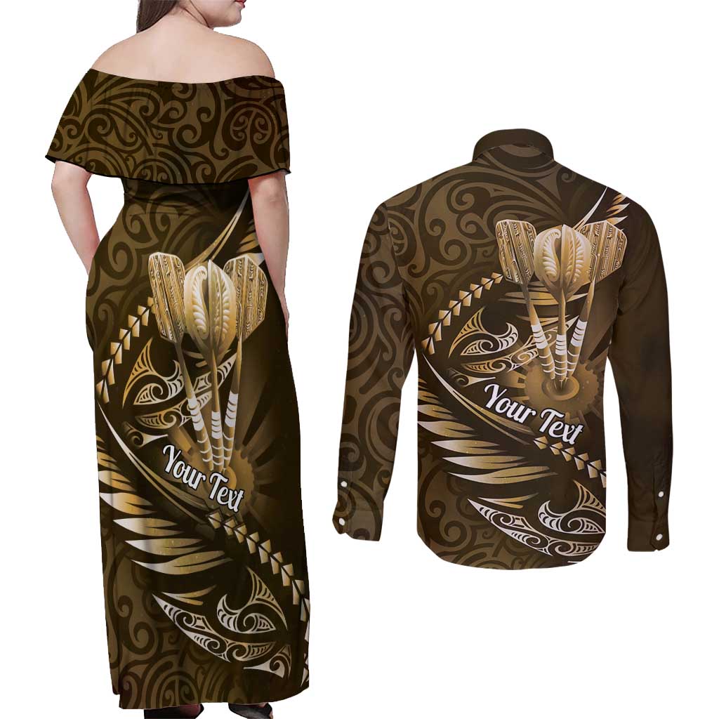 Personalised All Gold New Zealand Darts Couples Matching Off Shoulder Maxi Dress and Long Sleeve Button Shirt Aoteroa Fern Maori Galaxy Style LT14 - Polynesian Pride