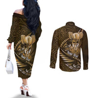 Personalised All Gold New Zealand Darts Couples Matching Off The Shoulder Long Sleeve Dress and Long Sleeve Button Shirt Aoteroa Fern Maori Galaxy Style LT14 - Polynesian Pride