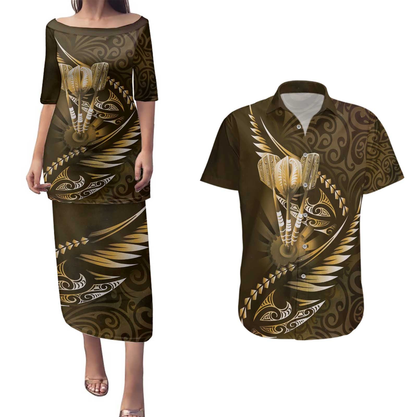 Personalised All Gold New Zealand Darts Couples Matching Puletasi and Hawaiian Shirt Aoteroa Fern Maori Galaxy Style