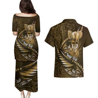 Personalised All Gold New Zealand Darts Couples Matching Puletasi and Hawaiian Shirt Aoteroa Fern Maori Galaxy Style LT14 - Polynesian Pride