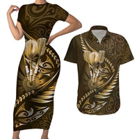 Personalised All Gold New Zealand Darts Couples Matching Short Sleeve Bodycon Dress and Hawaiian Shirt Aoteroa Fern Maori Galaxy Style LT14 Gold - Polynesian Pride