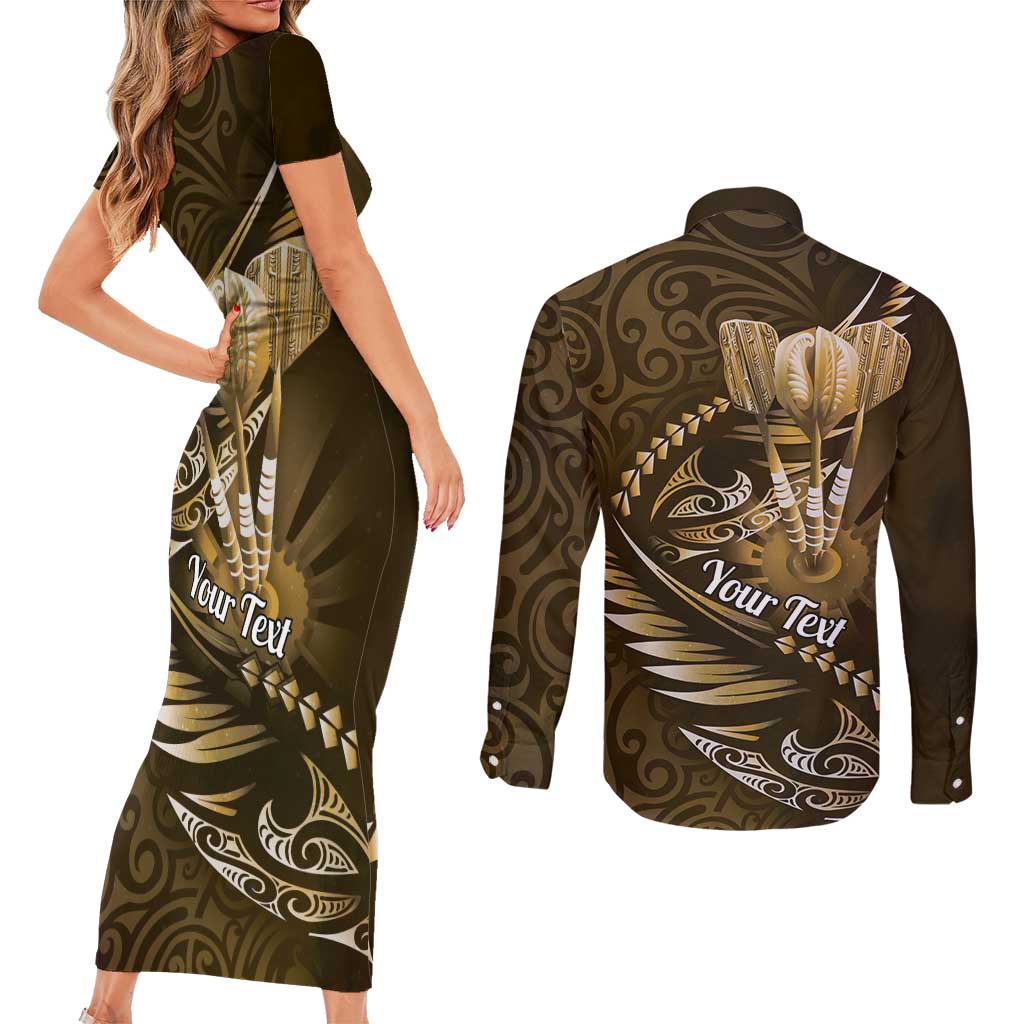 Personalised All Gold New Zealand Darts Couples Matching Short Sleeve Bodycon Dress and Long Sleeve Button Shirt Aoteroa Fern Maori Galaxy Style LT14 - Polynesian Pride