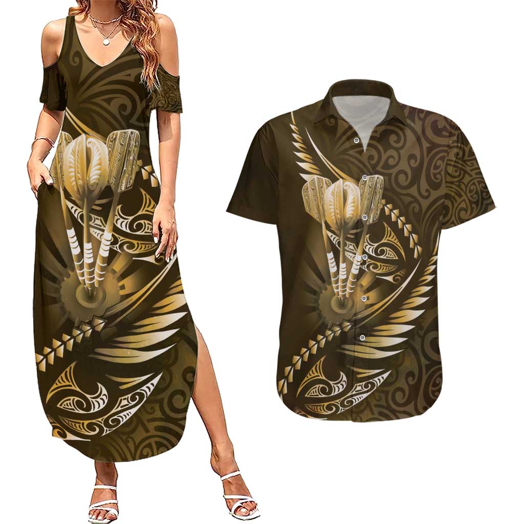 Personalised All Gold New Zealand Darts Couples Matching Summer Maxi Dress and Hawaiian Shirt Aoteroa Fern Maori Galaxy Style LT14 Gold - Polynesian Pride