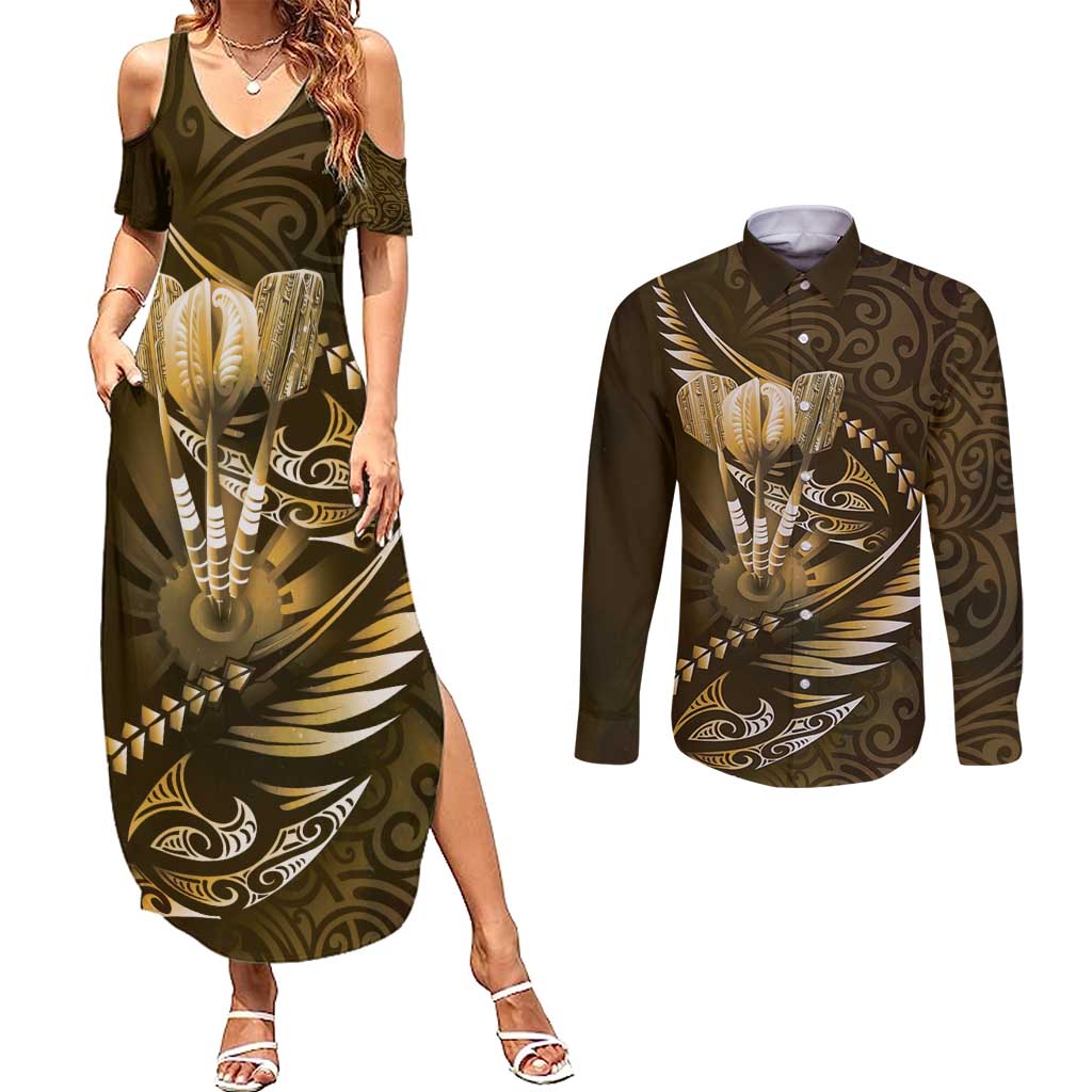 Personalised All Gold New Zealand Darts Couples Matching Summer Maxi Dress and Long Sleeve Button Shirt Aoteroa Fern Maori Galaxy Style LT14 Gold - Polynesian Pride