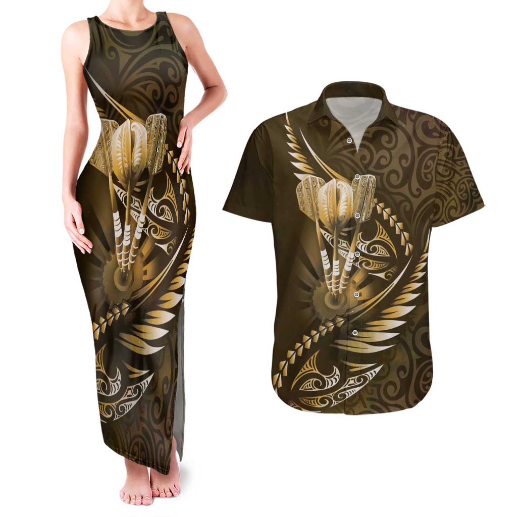 Personalised All Gold New Zealand Darts Couples Matching Tank Maxi Dress and Hawaiian Shirt Aoteroa Fern Maori Galaxy Style LT14 Gold - Polynesian Pride