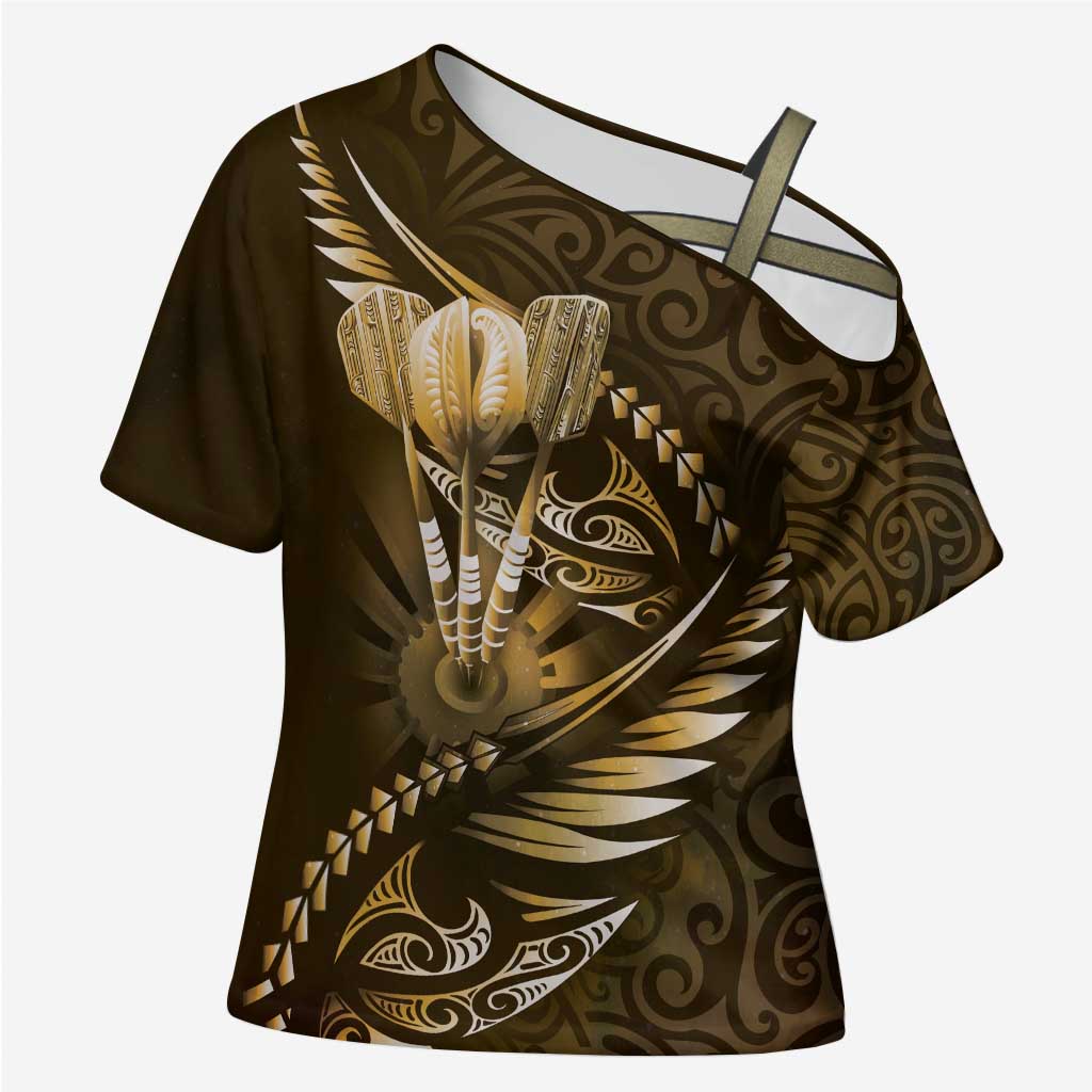 Personalised All Gold New Zealand Darts Cross Shoulder Shirt Aoteroa Fern Maori Galaxy Style LT14 Female Gold - Polynesian Pride