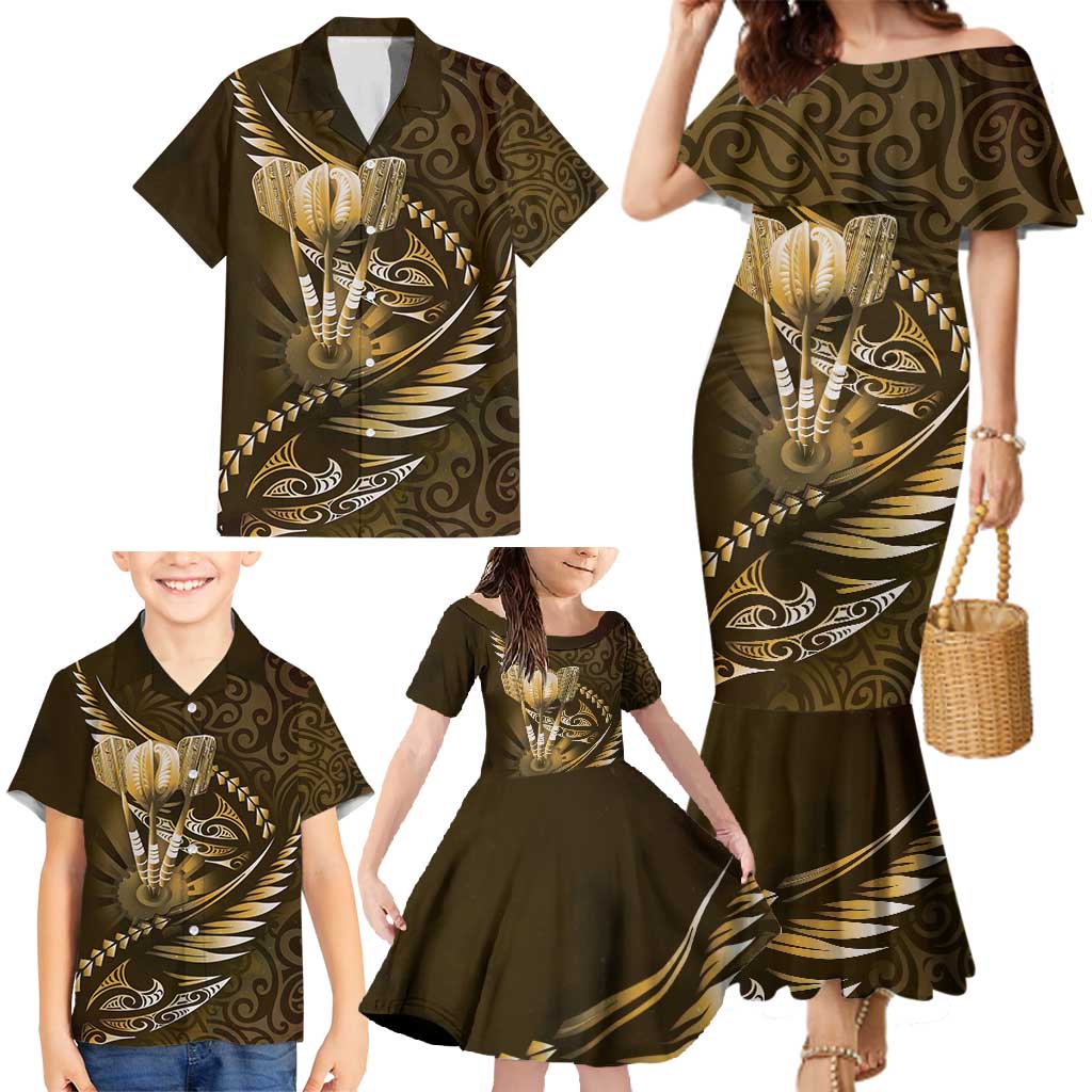 Personalised All Gold New Zealand Darts Family Matching Mermaid Dress and Hawaiian Shirt Aoteroa Fern Maori Galaxy Style LT14 - Polynesian Pride