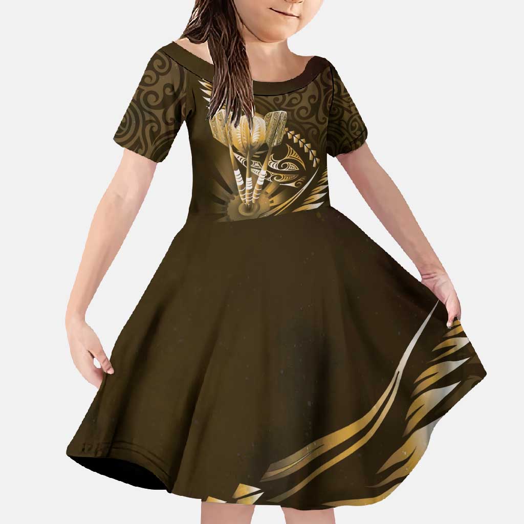 Personalised All Gold New Zealand Darts Family Matching Off Shoulder Maxi Dress and Hawaiian Shirt Aoteroa Fern Maori Galaxy Style LT14 Daughter's Dress Gold - Polynesian Pride