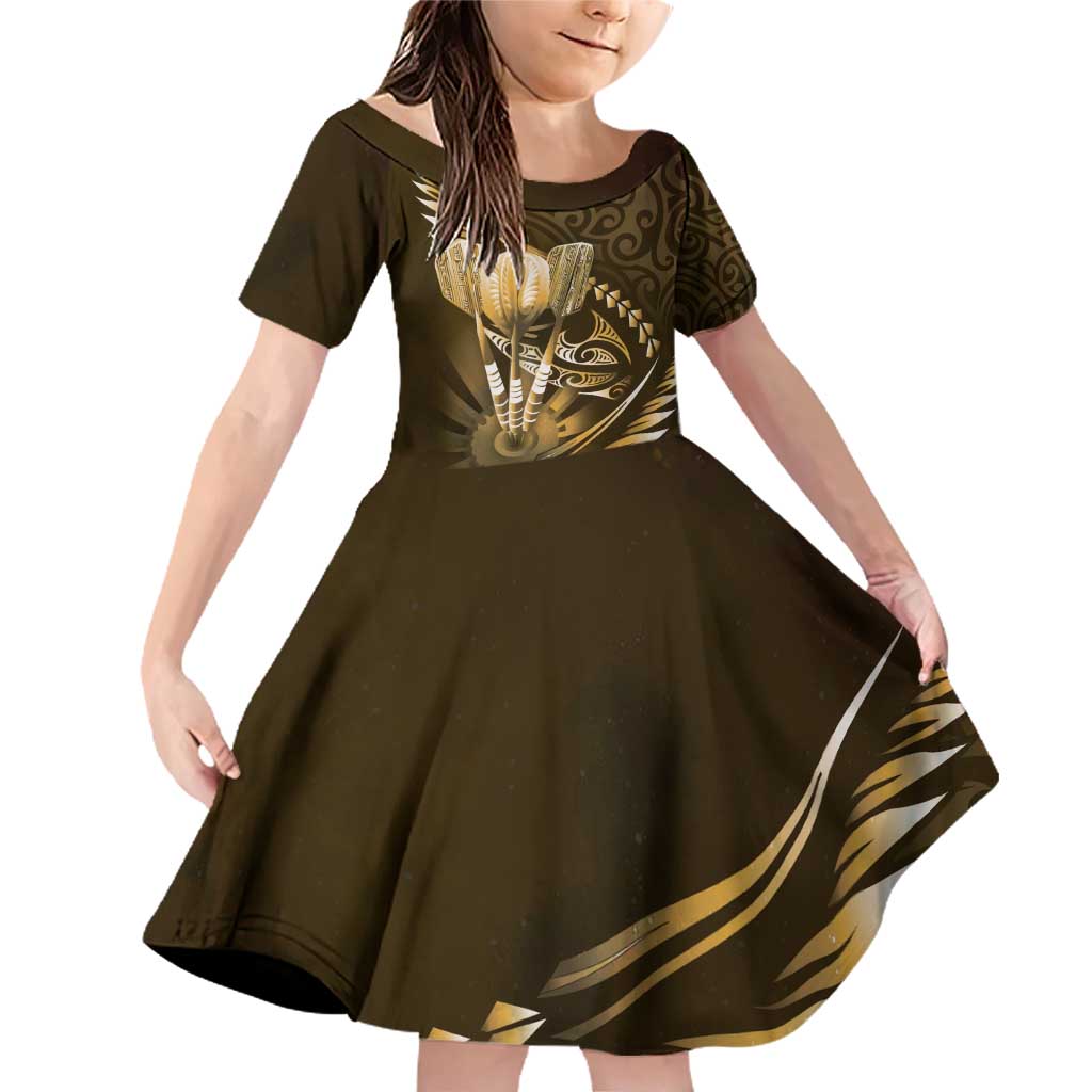 Personalised All Gold New Zealand Darts Family Matching Off Shoulder Short Dress and Hawaiian Shirt Aoteroa Fern Maori Galaxy Style LT14 Daughter's Dress Gold - Polynesian Pride