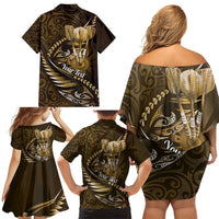Personalised All Gold New Zealand Darts Family Matching Off Shoulder Short Dress and Hawaiian Shirt Aoteroa Fern Maori Galaxy Style LT14 - Polynesian Pride