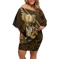 Personalised All Gold New Zealand Darts Family Matching Off Shoulder Short Dress and Hawaiian Shirt Aoteroa Fern Maori Galaxy Style LT14 Mom's Dress Gold - Polynesian Pride
