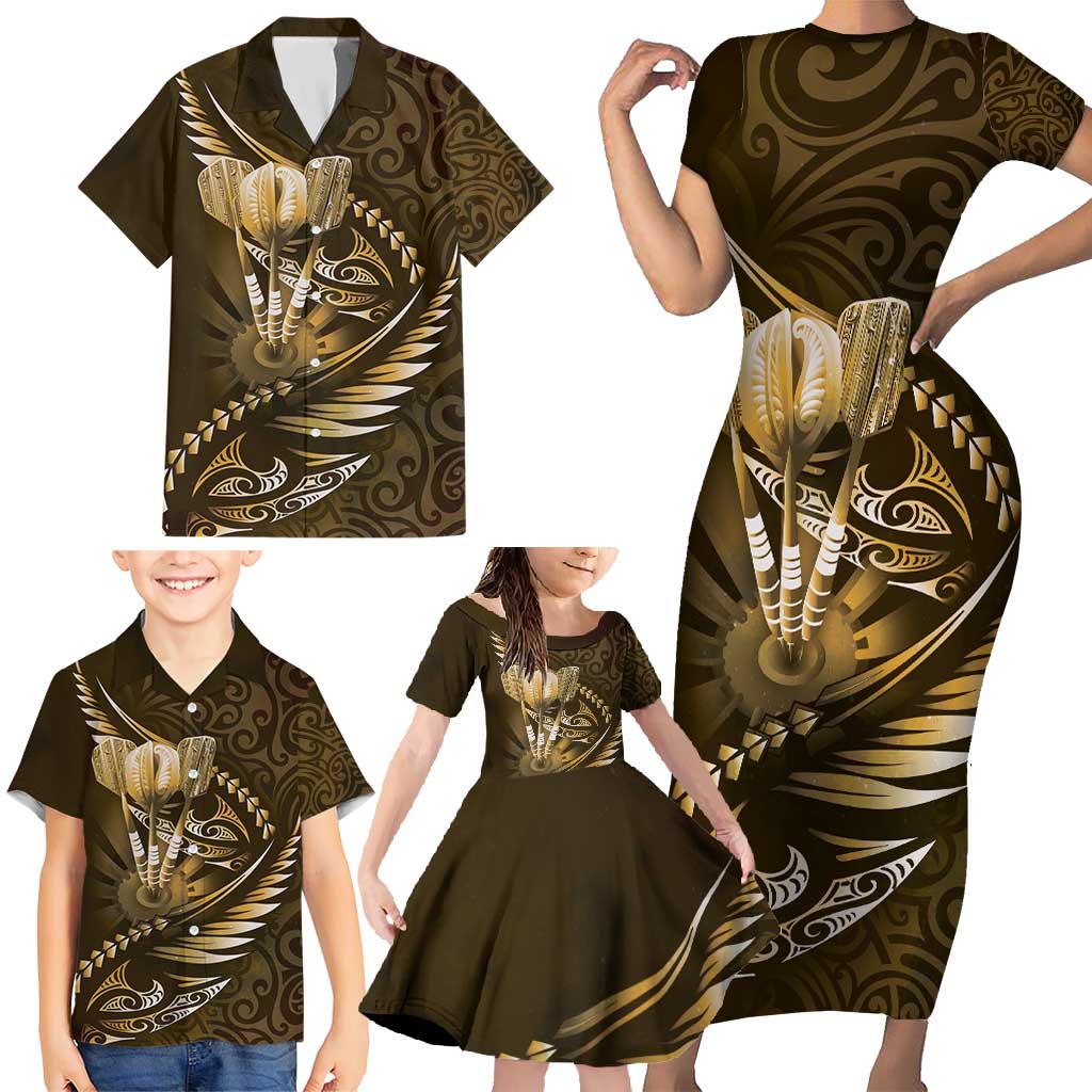 Personalised All Gold New Zealand Darts Family Matching Short Sleeve Bodycon Dress and Hawaiian Shirt Aoteroa Fern Maori Galaxy Style LT14 - Polynesian Pride