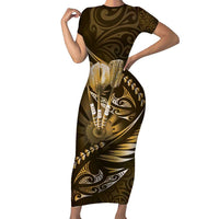 Personalised All Gold New Zealand Darts Family Matching Short Sleeve Bodycon Dress and Hawaiian Shirt Aoteroa Fern Maori Galaxy Style LT14 Mom's Dress Gold - Polynesian Pride