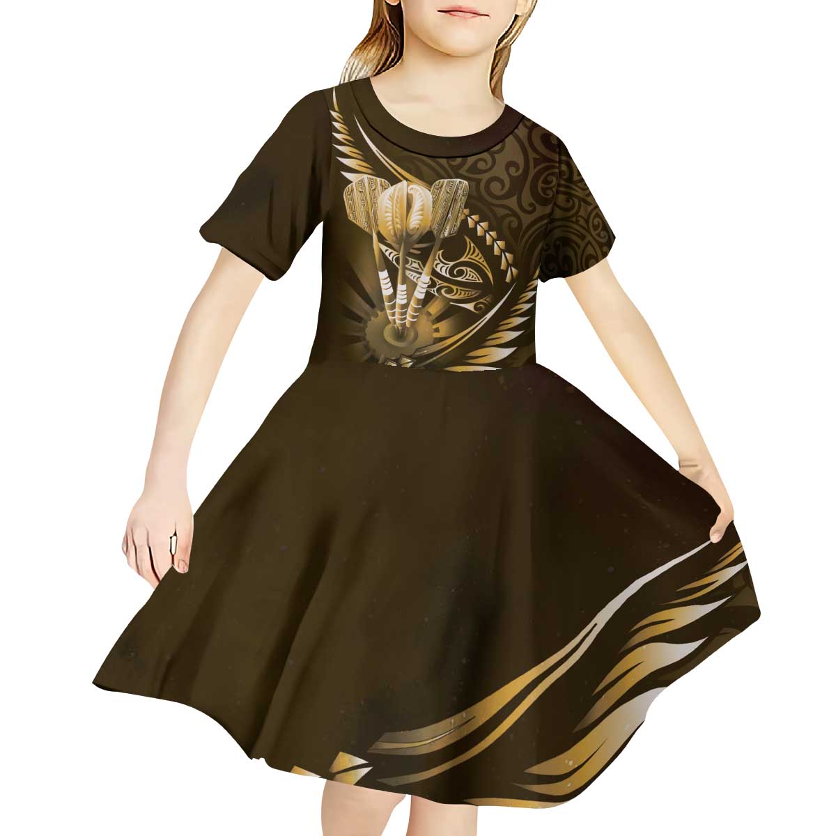 Personalised All Gold New Zealand Darts Kid Short Sleeve Dress Aoteroa Fern Maori Galaxy Style LT14 - Polynesian Pride