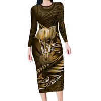 Personalised All Gold New Zealand Darts Long Sleeve Bodycon Dress Aoteroa Fern Maori Galaxy Style LT14 Long Dress Gold - Polynesian Pride