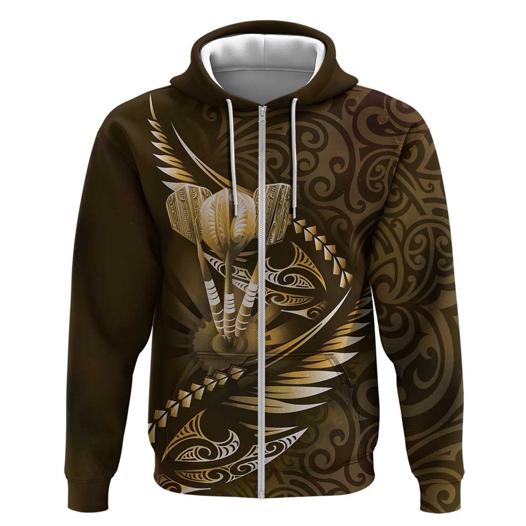 Personalised All Gold New Zealand Darts Zip Hoodie Aoteroa Fern Maori Galaxy Style LT14 Zip Hoodie Gold - Polynesian Pride