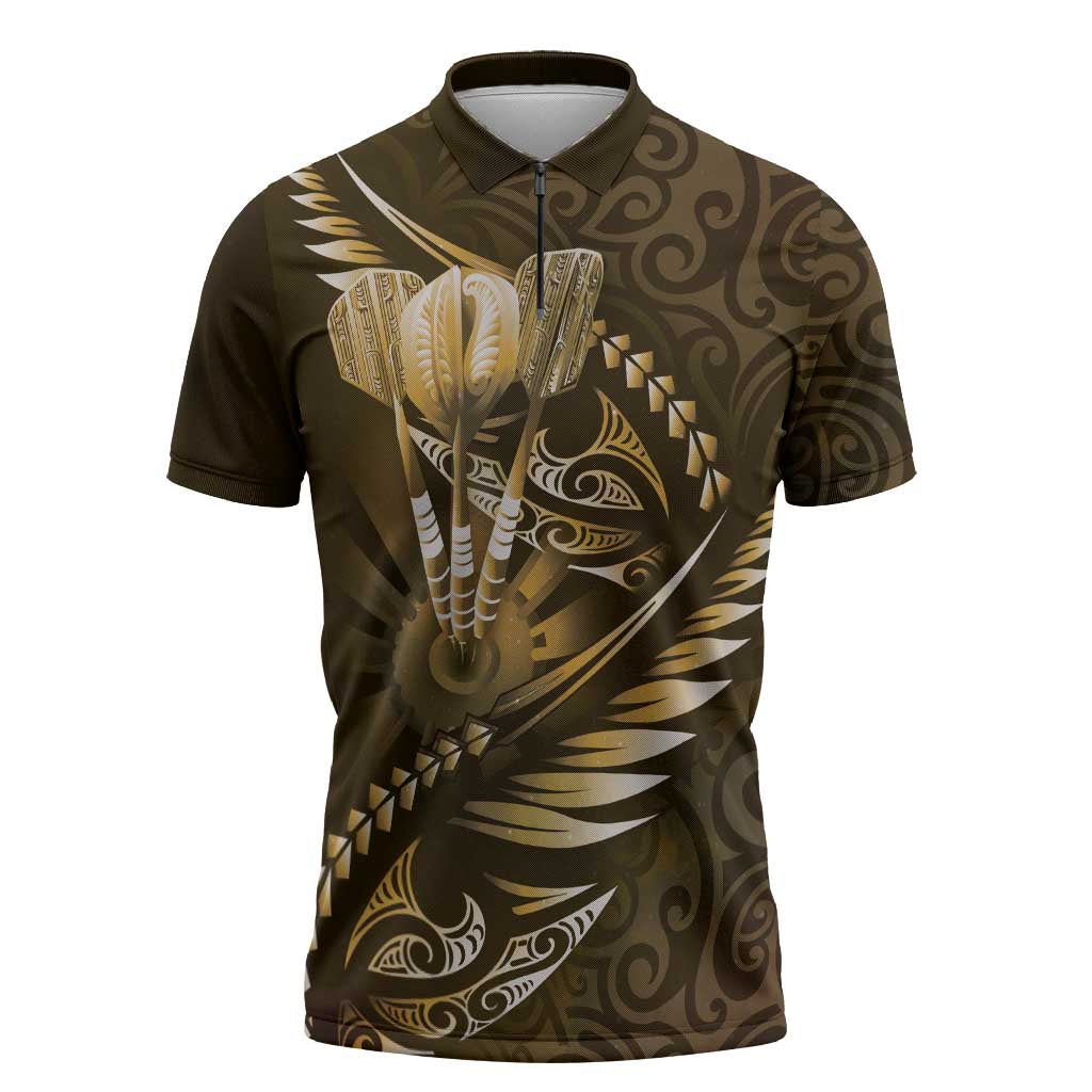 Personalised All Gold New Zealand Darts Zipper Polo Shirt Aoteroa Fern Maori Galaxy Style LT14 Gold - Polynesian Pride