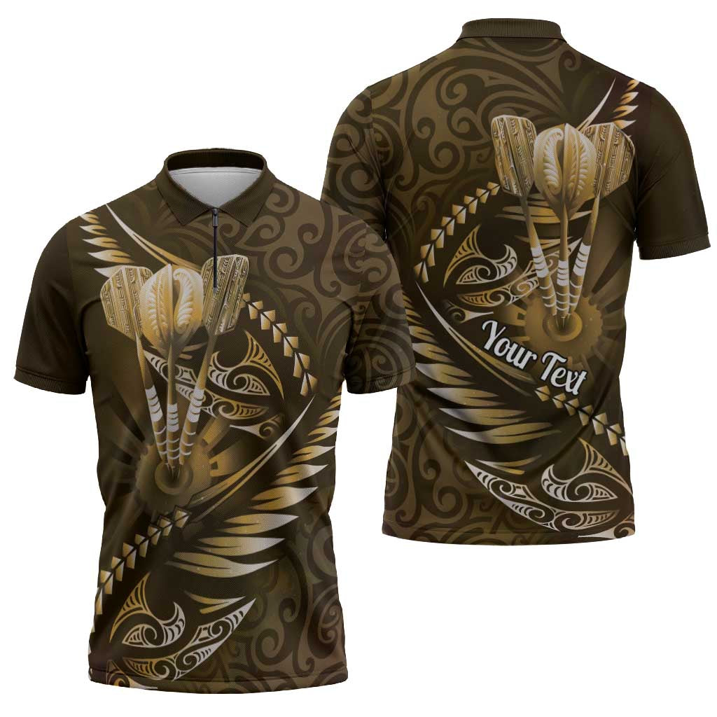 Personalised All Gold New Zealand Darts Zipper Polo Shirt Aoteroa Fern Maori Galaxy Style LT14 - Polynesian Pride
