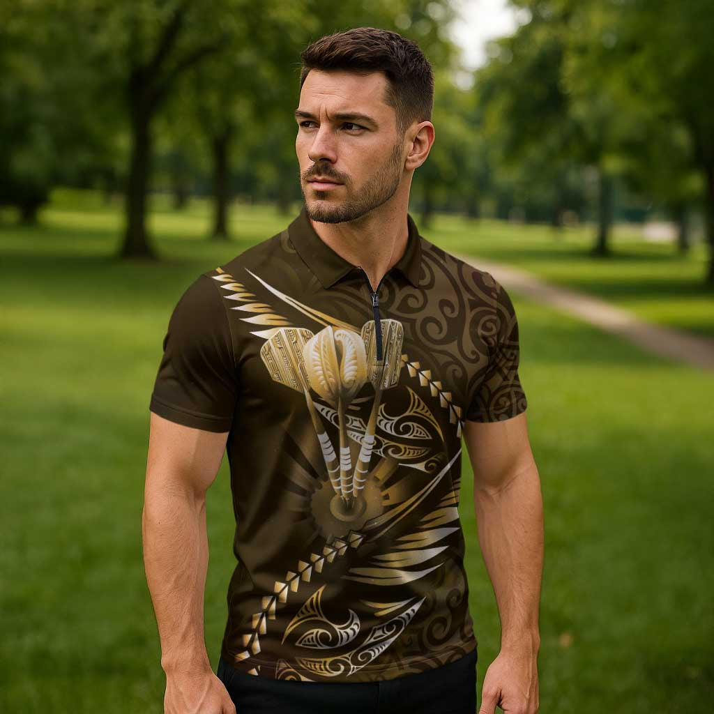 Personalised All Gold New Zealand Darts Zipper Polo Shirt Aoteroa Fern Maori Galaxy Style LT14 - Polynesian Pride