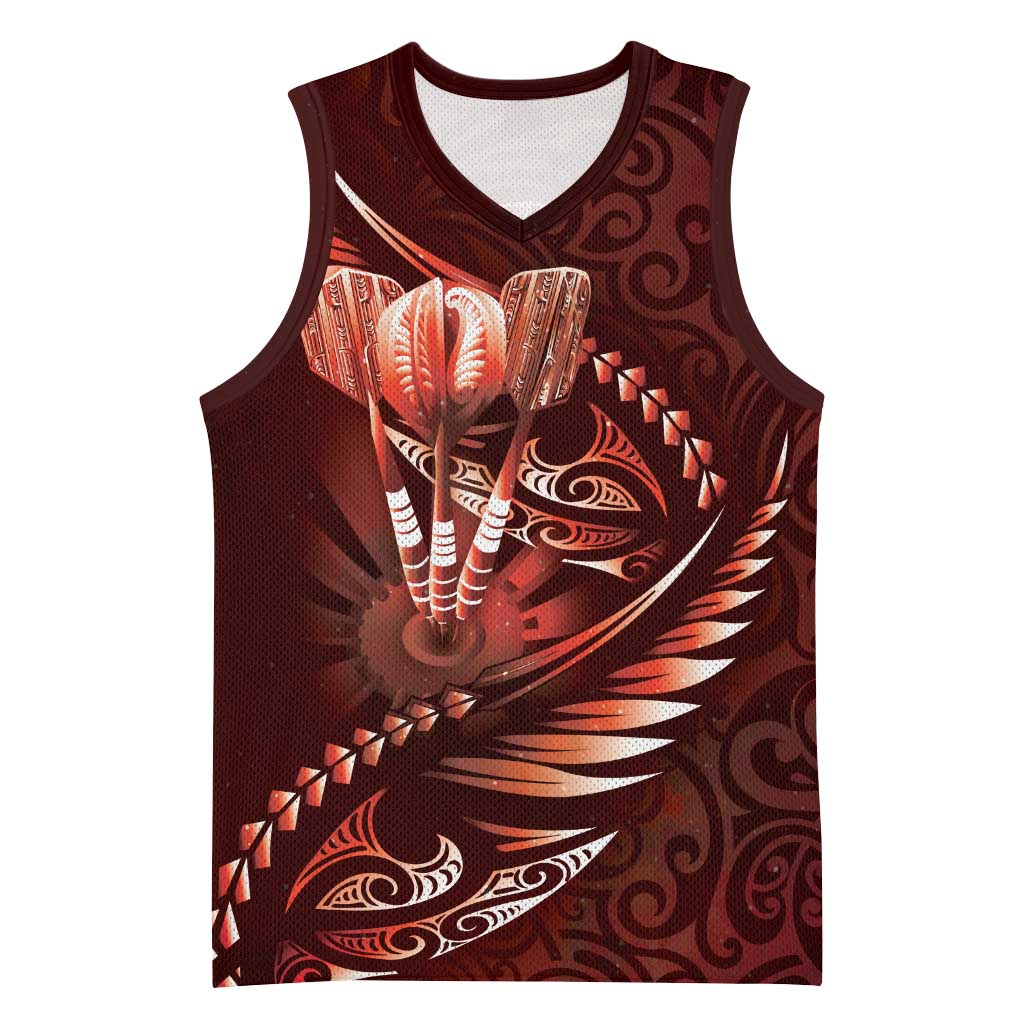 Personalised All Red New Zealand Darts Basketball Jersey Aoteroa Fern Maori Galaxy Style LT14 Unisex Red - Polynesian Pride
