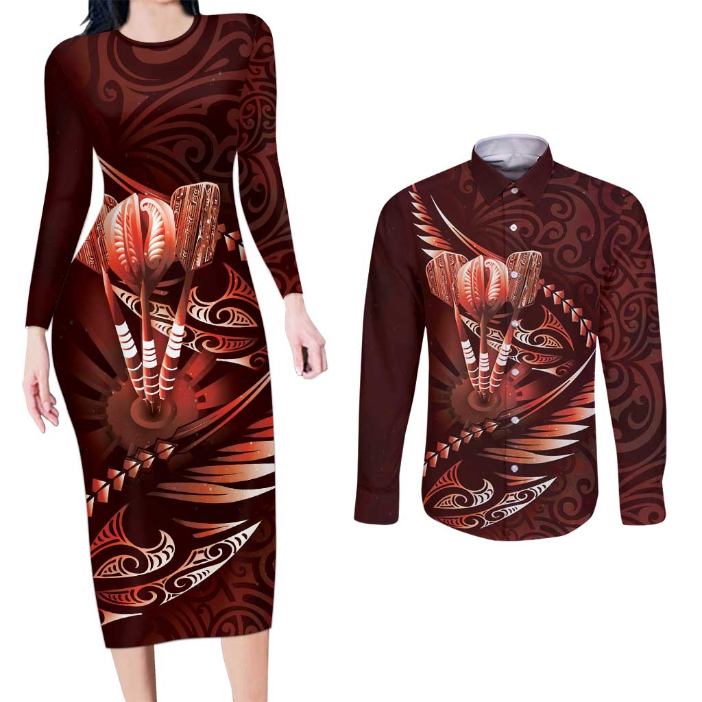 Personalised All Red New Zealand Darts Couples Matching Long Sleeve Bodycon Dress and Long Sleeve Button Shirt Aoteroa Fern Maori Galaxy Style LT14 Red - Polynesian Pride