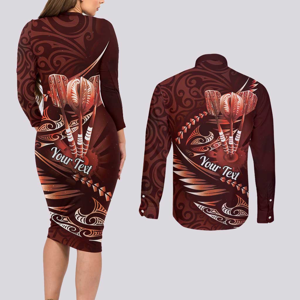Personalised All Red New Zealand Darts Couples Matching Long Sleeve Bodycon Dress and Long Sleeve Button Shirt Aoteroa Fern Maori Galaxy Style LT14 - Polynesian Pride