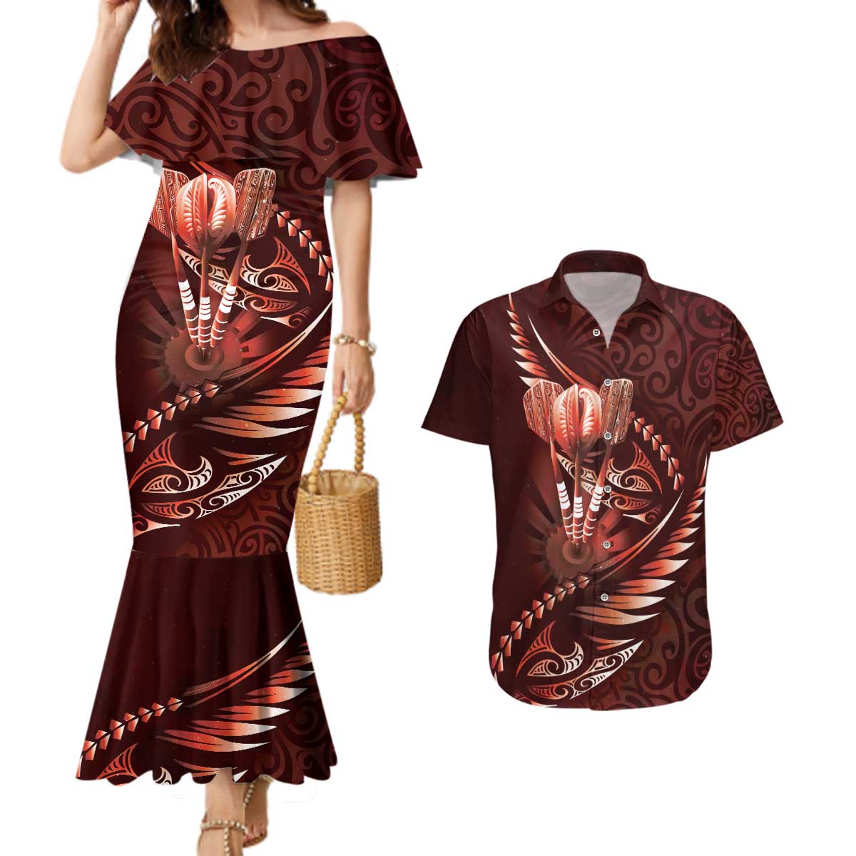 Personalised All Red New Zealand Darts Couples Matching Mermaid Dress and Hawaiian Shirt Aoteroa Fern Maori Galaxy Style LT14 Red - Polynesian Pride