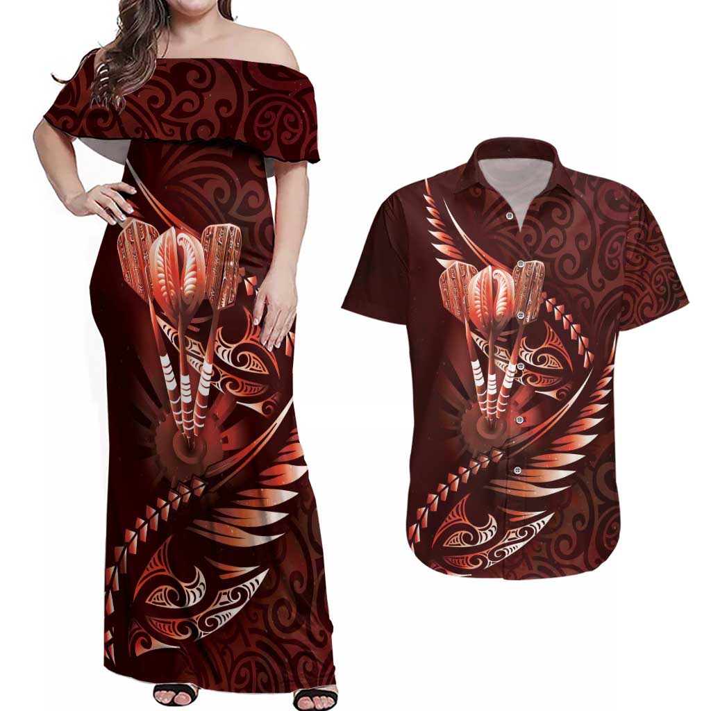 Personalised All Red New Zealand Darts Couples Matching Off Shoulder Maxi Dress and Hawaiian Shirt Aoteroa Fern Maori Galaxy Style LT14 Red - Polynesian Pride