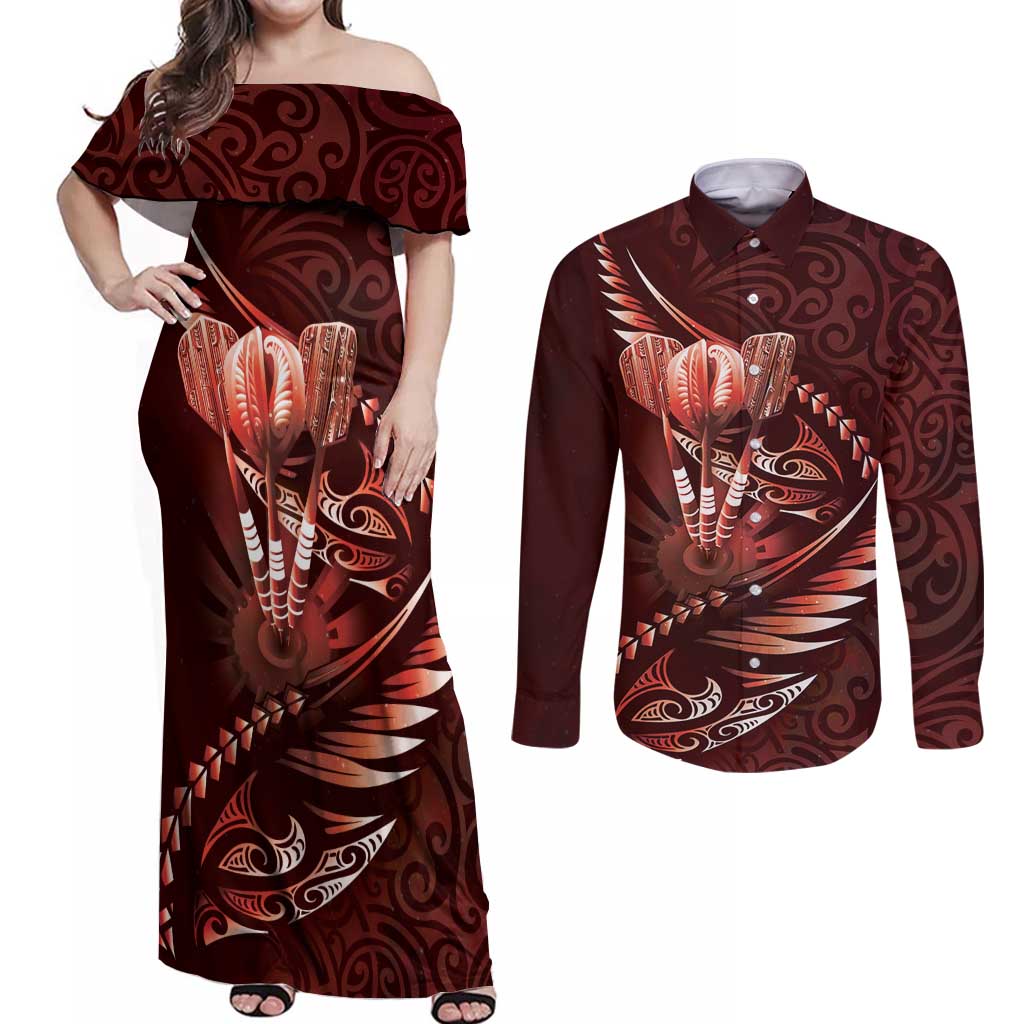 Personalised All Red New Zealand Darts Couples Matching Off Shoulder Maxi Dress and Long Sleeve Button Shirt Aoteroa Fern Maori Galaxy Style LT14 Red - Polynesian Pride