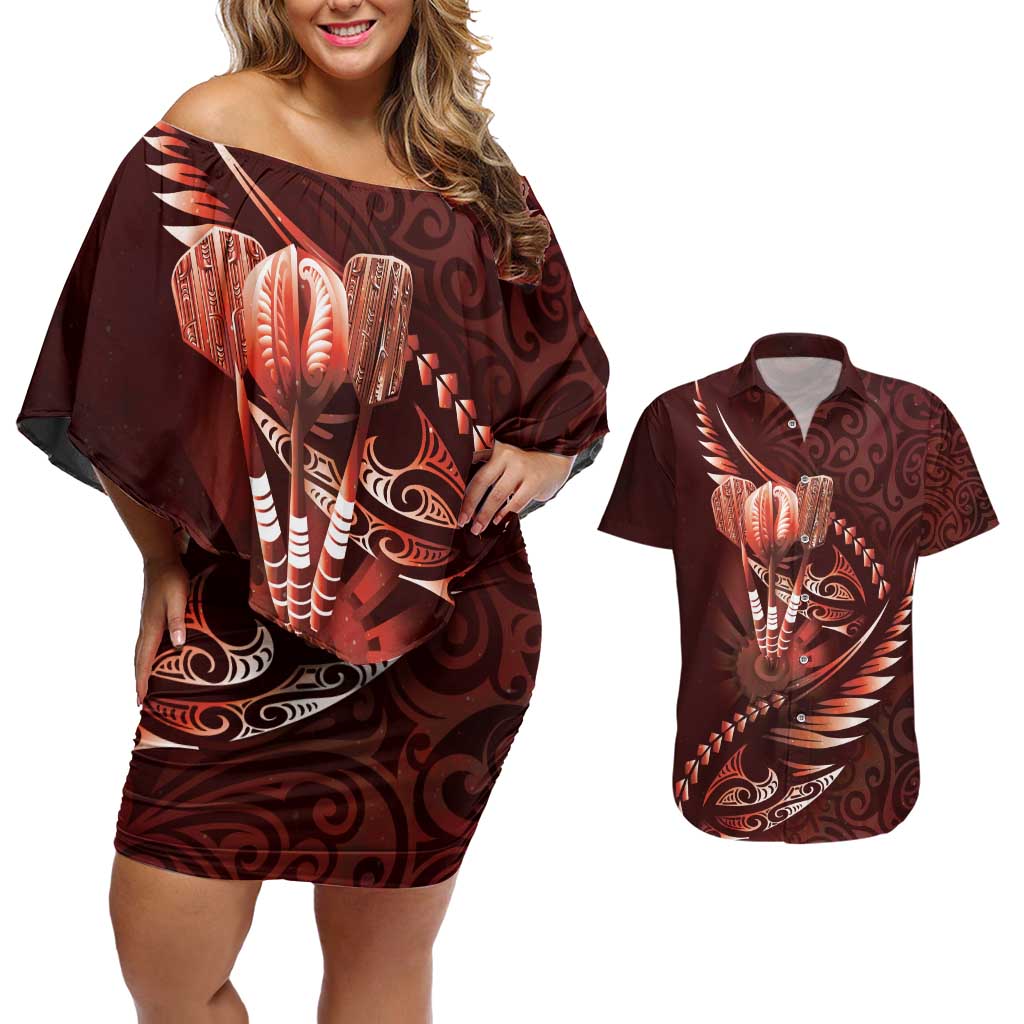 Personalised All Red New Zealand Darts Couples Matching Off Shoulder Short Dress and Hawaiian Shirt Aoteroa Fern Maori Galaxy Style LT14 Red - Polynesian Pride