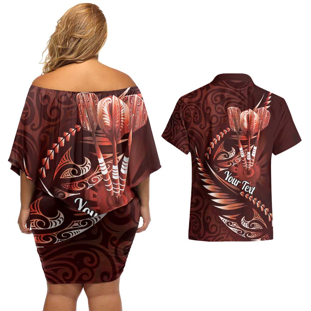 Personalised All Red New Zealand Darts Couples Matching Off Shoulder Short Dress and Hawaiian Shirt Aoteroa Fern Maori Galaxy Style LT14 - Polynesian Pride