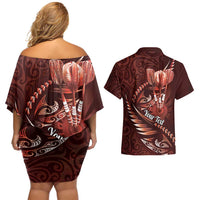 Personalised All Red New Zealand Darts Couples Matching Off Shoulder Short Dress and Hawaiian Shirt Aoteroa Fern Maori Galaxy Style LT14 - Polynesian Pride