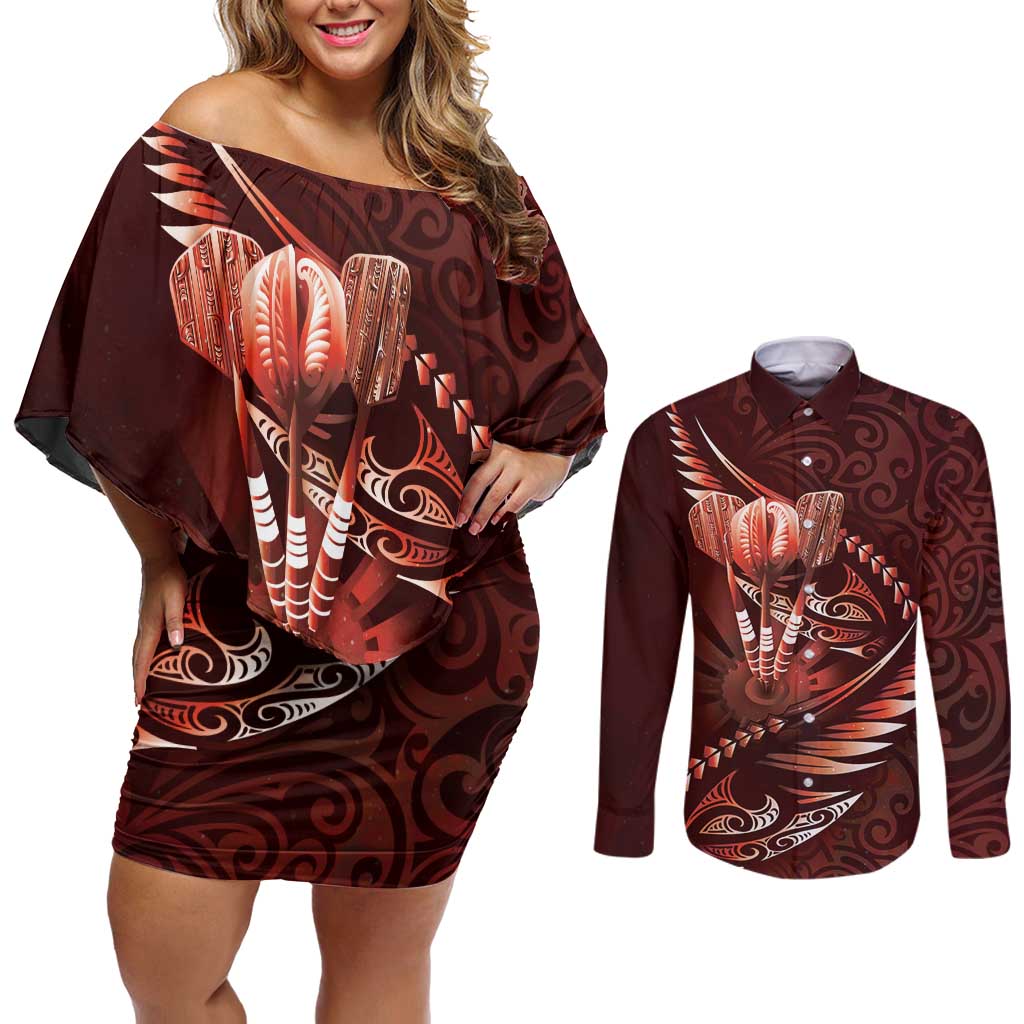 Personalised All Red New Zealand Darts Couples Matching Off Shoulder Short Dress and Long Sleeve Button Shirt Aoteroa Fern Maori Galaxy Style LT14 Red - Polynesian Pride