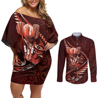 Personalised All Red New Zealand Darts Couples Matching Off Shoulder Short Dress and Long Sleeve Button Shirt Aoteroa Fern Maori Galaxy Style LT14 Red - Polynesian Pride