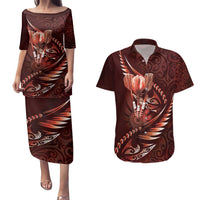 Personalised All Red New Zealand Darts Couples Matching Puletasi and Hawaiian Shirt Aoteroa Fern Maori Galaxy Style LT14 Red - Polynesian Pride