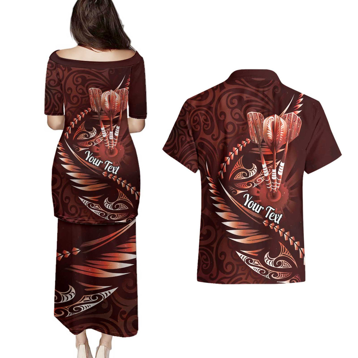 Personalised All Red New Zealand Darts Couples Matching Puletasi and Hawaiian Shirt Aoteroa Fern Maori Galaxy Style LT14 - Polynesian Pride