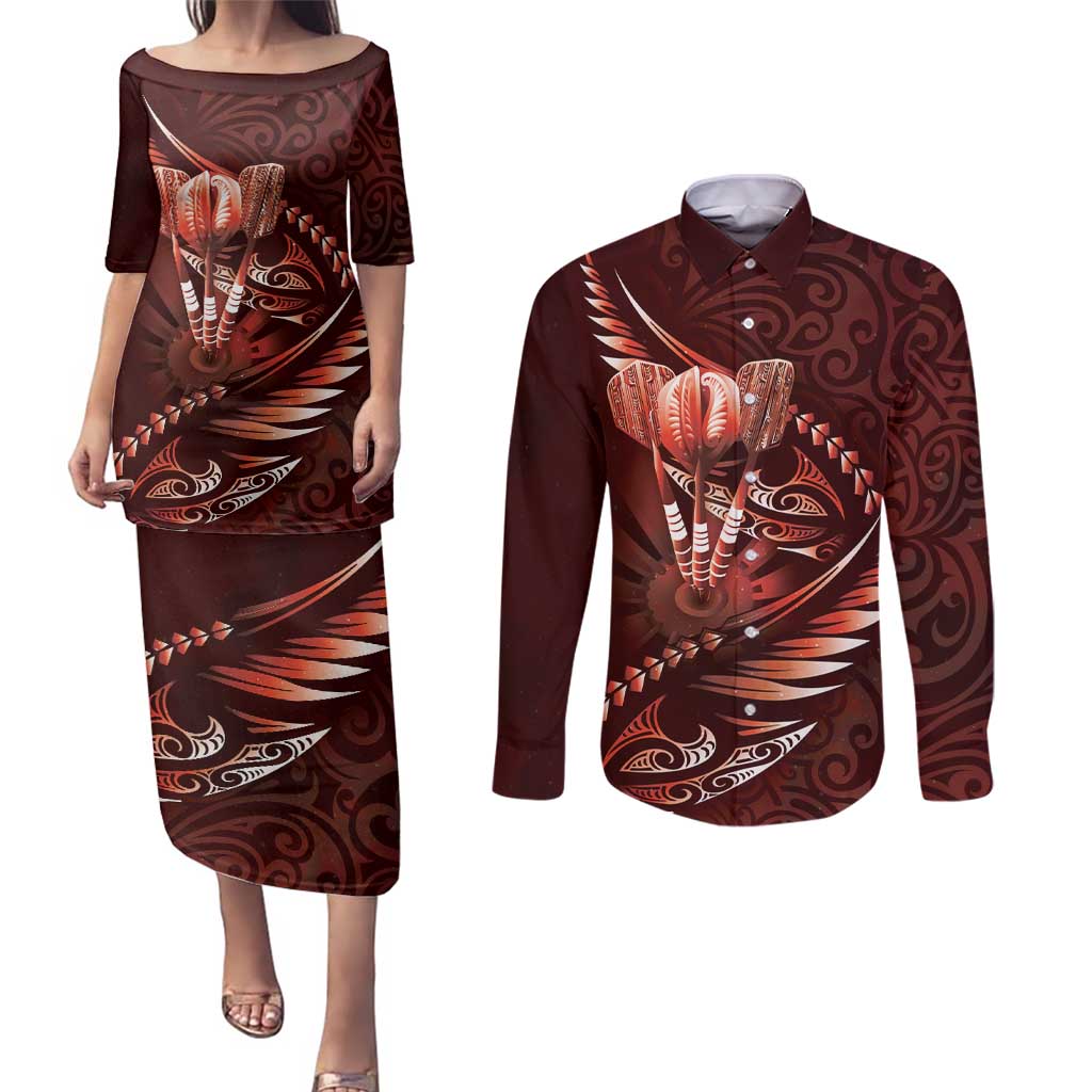 Personalised All Red New Zealand Darts Couples Matching Puletasi and Long Sleeve Button Shirt Aoteroa Fern Maori Galaxy Style