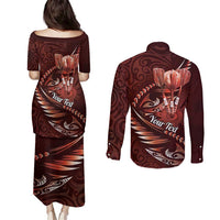 Personalised All Red New Zealand Darts Couples Matching Puletasi and Long Sleeve Button Shirt Aoteroa Fern Maori Galaxy Style LT14 - Polynesian Pride