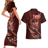 Personalised All Red New Zealand Darts Couples Matching Short Sleeve Bodycon Dress and Hawaiian Shirt Aoteroa Fern Maori Galaxy Style LT14 - Polynesian Pride