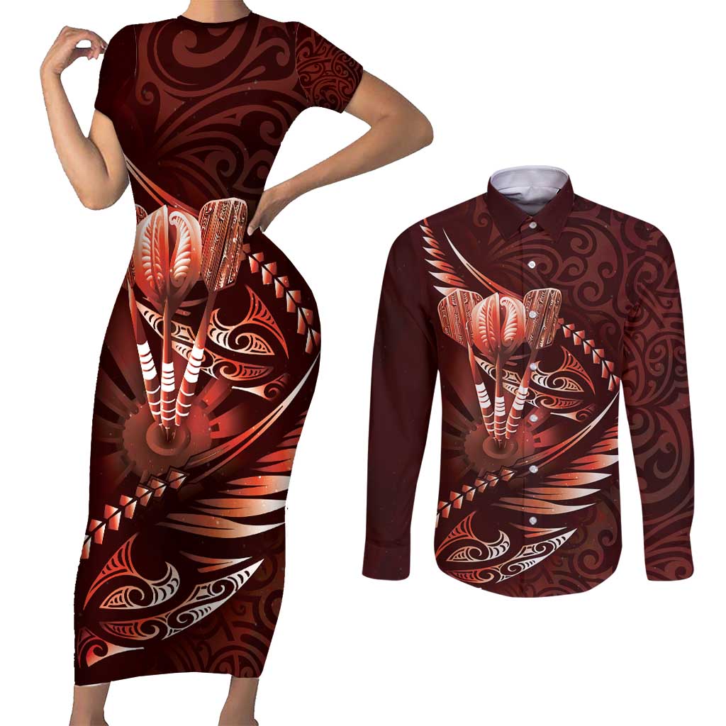 Personalised All Red New Zealand Darts Couples Matching Short Sleeve Bodycon Dress and Long Sleeve Button Shirt Aoteroa Fern Maori Galaxy Style LT14 Red - Polynesian Pride