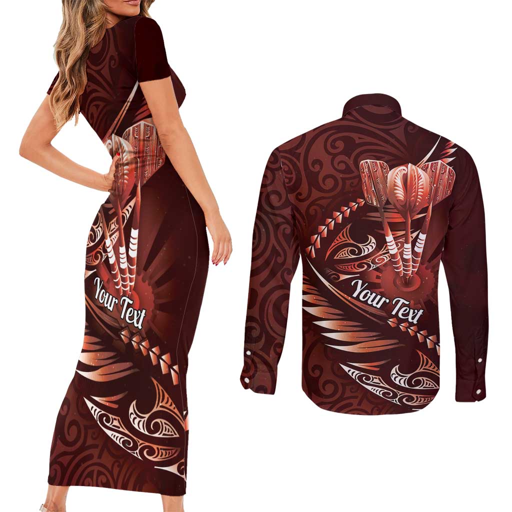 Personalised All Red New Zealand Darts Couples Matching Short Sleeve Bodycon Dress and Long Sleeve Button Shirt Aoteroa Fern Maori Galaxy Style LT14 - Polynesian Pride