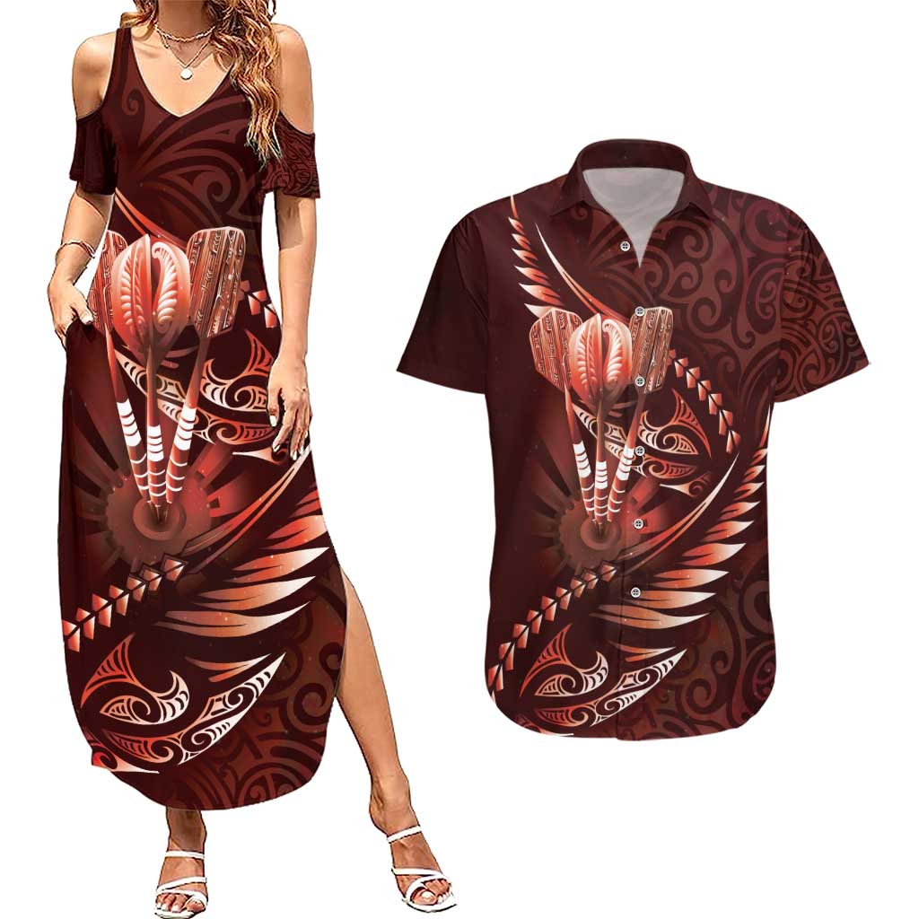 Personalised All Red New Zealand Darts Couples Matching Summer Maxi Dress and Hawaiian Shirt Aoteroa Fern Maori Galaxy Style LT14 Red - Polynesian Pride