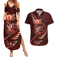 Personalised All Red New Zealand Darts Couples Matching Summer Maxi Dress and Hawaiian Shirt Aoteroa Fern Maori Galaxy Style LT14 Red - Polynesian Pride