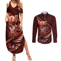 Personalised All Red New Zealand Darts Couples Matching Summer Maxi Dress and Long Sleeve Button Shirt Aoteroa Fern Maori Galaxy Style LT14 Red - Polynesian Pride
