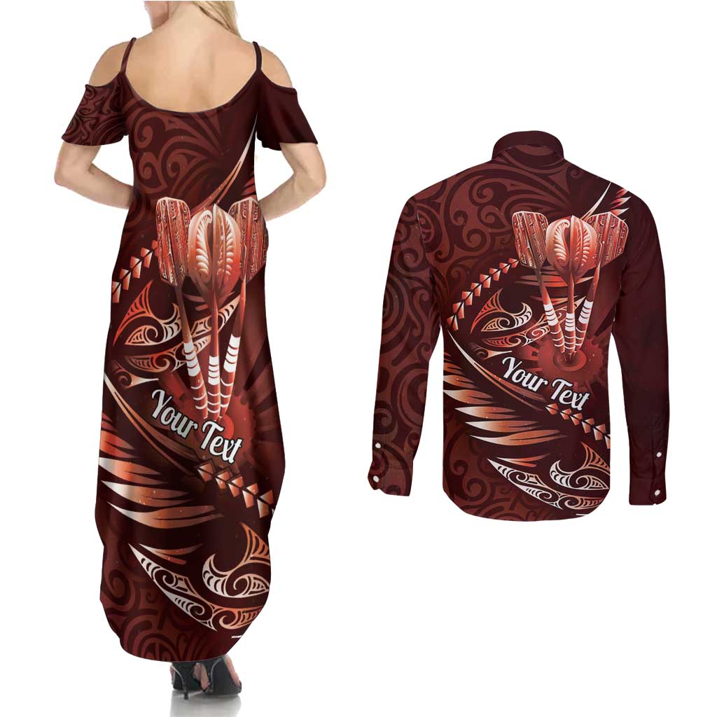 Personalised All Red New Zealand Darts Couples Matching Summer Maxi Dress and Long Sleeve Button Shirt Aoteroa Fern Maori Galaxy Style LT14 - Polynesian Pride