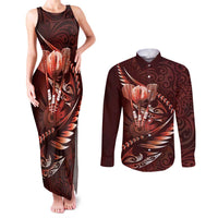 Personalised All Red New Zealand Darts Couples Matching Tank Maxi Dress and Long Sleeve Button Shirt Aoteroa Fern Maori Galaxy Style LT14 Red - Polynesian Pride