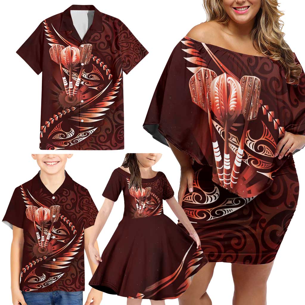 Personalised All Red New Zealand Darts Family Matching Off Shoulder Short Dress and Hawaiian Shirt Aoteroa Fern Maori Galaxy Style LT14 - Polynesian Pride