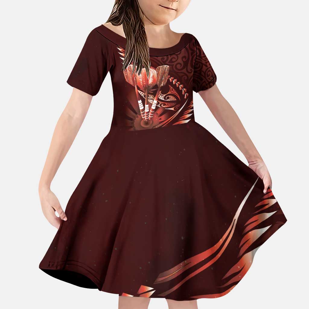 Personalised All Red New Zealand Darts Family Matching Puletasi and Hawaiian Shirt Aoteroa Fern Maori Galaxy Style LT14 Daughter's Dress Red - Polynesian Pride